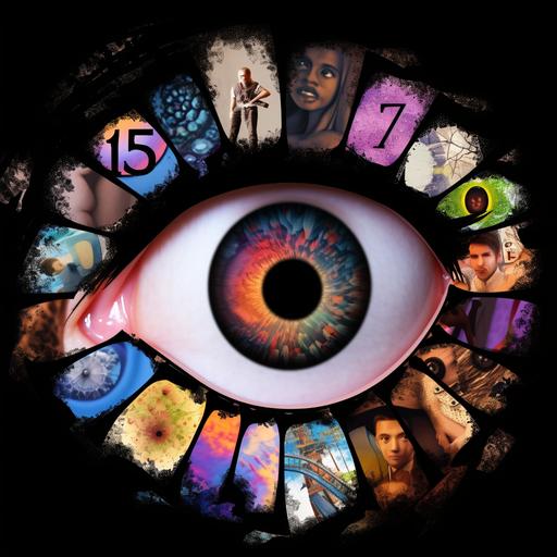 A mosaic of images showing a reprentation of a persons view when having an triskaidekaphobia / PTSD event, multiple images along the edges of traumatic images containing the number 13, central image of the current moment with set of 13 items or the number 13 --niji