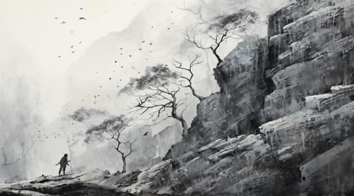 Stunning sumi-e style highly intricate detailed ink brush stroke painting, large canvas. The slow but hard journey up the rock face. The man, disabled yet determined, scaled towards the summit of the mountain. He knew that if he slipped and fell he would surely die or if injured would need to end himself but his determination did not waver. For, it was not the mountain he fought, but both himself and the world. The world for believing that he was not capable of accomplishing it, and himself for once having believed them. As he stared at the world below he knew that even if he died on the mountain having never reached its peak, the inner peace of knowing he gave all that he had was enough. Sumi-E::3 --ar 128:71