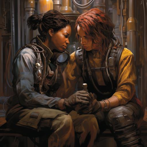 Two female refinery workers, faces blackened by the day's labor, share a quiet moment during their break. Their hands intertwined, they rest against an alembic apparatus, symbolizing the purity of their love amidst the industrial chaos, in the style of Warhammer 40k.