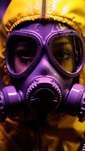 a photo of a girl in a gas mask in metaphorical chicken suite, in the style of sana takeda, bubble goth, dark yellow, dark yellow and light purple, flickr, graphic art, honeycore, in the style of sabattier filter, photo taken with provia, studio portrait, text and emoji installations --chaos 10 --ar 9:16 --stylize 200