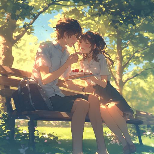 a young couple sitting on a park bench surrounded by trees, sharing a heart-shaped cake on a sunny day. Romantic Vibes --niji 6
