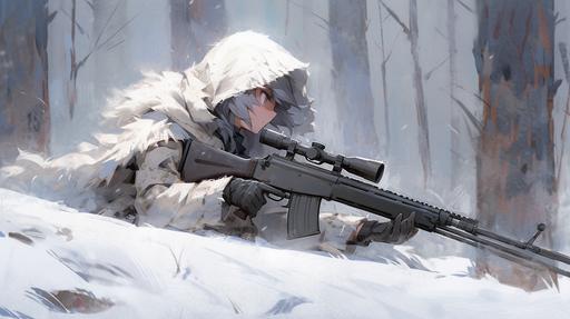 carnivorous coniferous canadian hunter girl with a scoped hunting rifle, winter white death, snowy treeline, snow camo, slight breathe fog, firing position --niji --ar 16:9