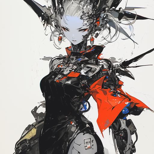 female futuristic and zombie-machanic wearing a stylish dress, fused celluloid head piece, crime scean, expressive eyes, unique style hair, dynamic and vivid, Shigenori Soejima style, highly detailed with sharp and crisp image quality --ar 1:1 --s 500 --niji 6