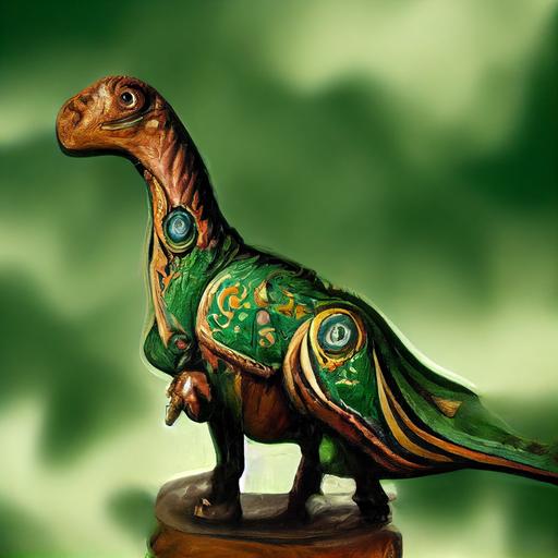 painted by john william waterhouse green parasaur dinosaur, big green nose, Leather saddle on it's back , gentle face, dungeons and dragons, only two arms, only two big legs, low angle, wearing green cloak on it's back, intricate details, golden ratio, medival toned saddle, mythical, fantasy world, dreamer world, character, digital art, concept art, Pre-Raphaelites style, Romanticism style, fantasy style, Dante Gabriel Rossetti, Edward Burne-Jones, dreamy colors, warm colors, dramatic lighting, artstation, line art, 8k, highly detailed--ar 30:45--test--creative--upbeta