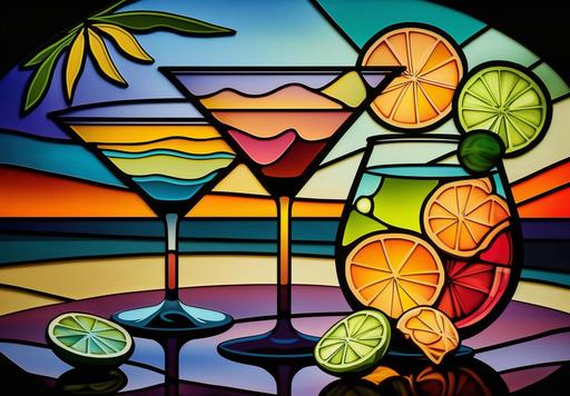 painted tropical sunset stained glass background, painted table, clear martini glasses with reflections, sliced lemons and limes, 8k, ultra vibrant colors --ar 13:9