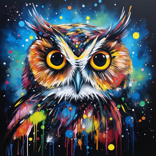 painting, art, acryl color, owl with big colorful eyes, dark painting, owl eyes high contrast, night, stars, sky is dark and stars are really bright, creative, art --s 50