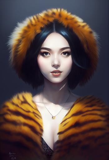 painting by Artgerm, anime portrait of a flirty coquettish Queen, tiger fur coat, shining eyes, rosy-pale skin, beautiful face, big chest, cinematic lighting, raytraced, edge lighting, octane render, 8k, perfect shading, trending on artstation, --ar 2:3 --test --creative