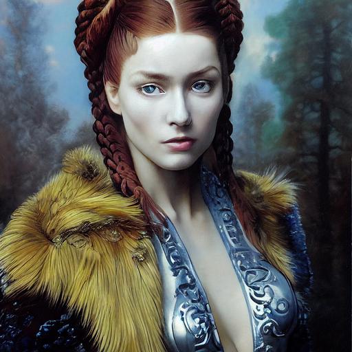 painting by Boris vallejo , portrait of Hana Jirickova with redhead and russian braids hairstyle, symetrical face, symetric blue eyes, sleek manga-suit armor, silver bra with intricate chips details, fur around neckline and shoulders, painting by frank frazetta, background is mystic forest with realistic vegetation, rembrandt lighting, cinematic scene, ultra realism, intricate detailed, ultra realistic, octane render, 8k, post processing, --testp --upbeta --upbeta
