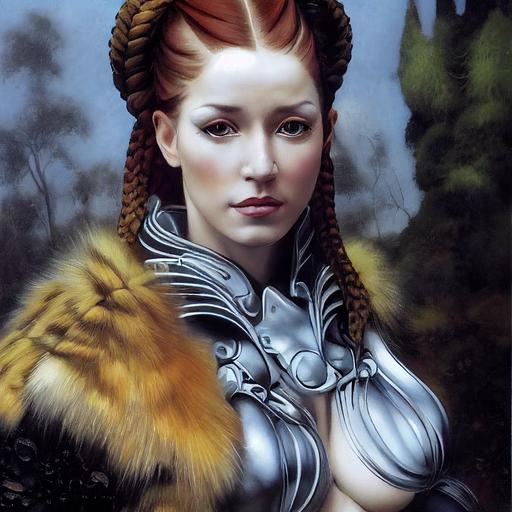 painting by Boris vallejo , portrait of Hana Jirickova with redhead and russian braids hairstyle, symetrical face, symetric blue eyes, sleek manga-suit armor, silver bra with intricate chips details, fur around neckline and shoulders, painting by frank frazetta, background is mystic forest with realistic vegetation, rembrandt lighting, cinematic scene, ultra realism, intricate detailed, ultra realistic, octane render, 8k, post processing, --testp --upbeta --upbeta --upbeta