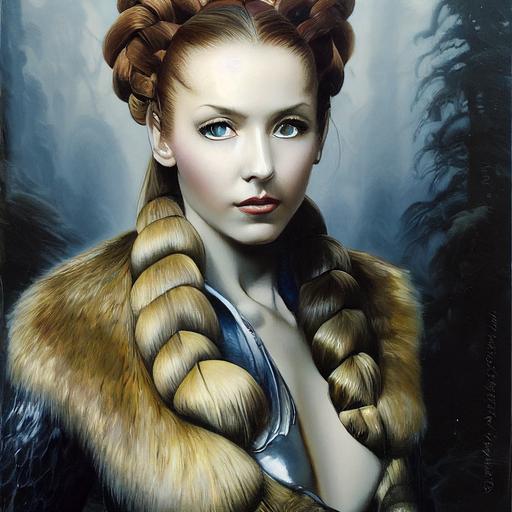 painting by Boris vallejo , portrait of Hana Jirickova with redhead and russian braids hairstyle, symetrical face, symetric blue eyes, sleek manga-suit armor, silver bra with intricate chips details, fur around neckline and shoulders, painting by frank frazetta, background is mystic forest with realistic vegetation, rembrandt lighting, cinematic scene, ultra realism, intricate detailed, ultra realistic, octane render, 8k, post processing, --testp --upbeta