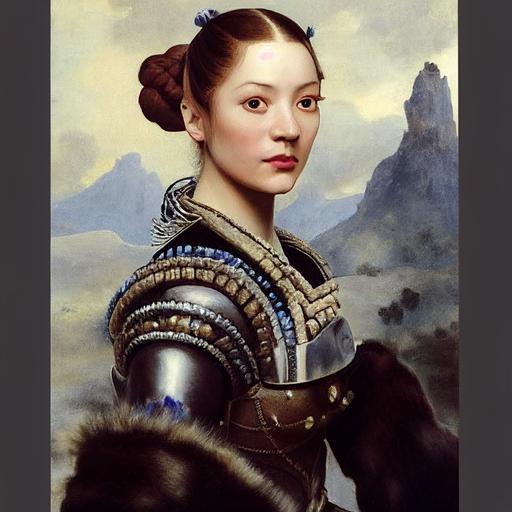 painting by Diego Velasquez, portrait of Hana Jirickova with redhead and russian braids hairstyle, symetrical face, symetric blue eyes, sleek space-suit armor, silver bra with intricate chips details, fur around neckline and shoulders, painting by frank frazetta, background is mystic forest with realistic vegetation, rembrandt lighting, cinematic scene, ultra realism, intricate detailed, ultra realistic, octane render, 8k, post processing, --testp --upbeta