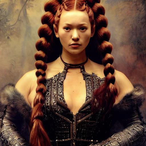 painting by Diego Velasquez, portrait of Hana Jirickova with redhead and russian braids hairstyle, symetrical face, sleek sci-fi-suit armor, silver bra with intricate chips details, fur around neck and shoulders, painting by frank frazetta, background is mystic forest with realistic vegetation, rembrandt lighting, cinematic scene, ultra realism, intricate detailed, ultra realistic, octane render, 8k, post processing, --testp --upbeta