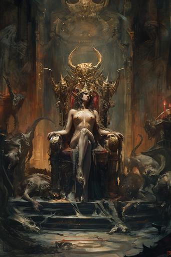 painting by Frank Frazetta, by Gerald Brom - Dark Queen of Amazons with fat body - in white translucent voilet, fat body, sitting on the dark throne - around her in the temple of doom are lot of amazons:: intricate detailed:: painting by frank frazetta:: red throne with statues of bulls and horns, candles, godrays from above - dark background, moody, finestroke, digital painting, 8k, --ar 10:15 --v 6.0