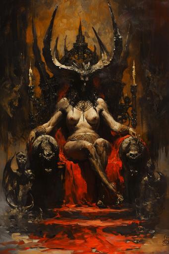painting by Frank Frazetta, by Gerald Brom - Queen of Amazons with very large body - with white translucent tunic, sitting on the dark throne - around her in the temple of warrioress are lot of amazons:: painting by frank frazetta:: red throne with bullhead statues and horns, candles, godrays from above - dark background, moody, finestroke, digital painting, 8k, --ar 10:15 --v 6.0