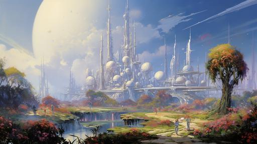 painting by John Berkey, mega city in another world, strange blue:1 vegetation and trees, sky is green and pastel, red purple planet in sky, two little sun in sky, starfileds in background, --ar 16:9