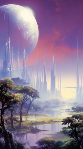 painting by John Berkey, mega city in another world, strange blue:1 vegetation and trees, sky is green and pastel, red purple planet in sky, two little sun in sky, starfileds in background, --ar 9:16