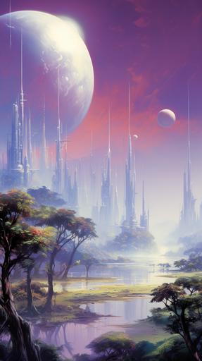 painting by John Berkey, mega city in another world, strange blue:1 vegetation and trees, sky is green and pastel, red purple planet in sky, two little sun in sky, starfileds in background, --ar 9:16