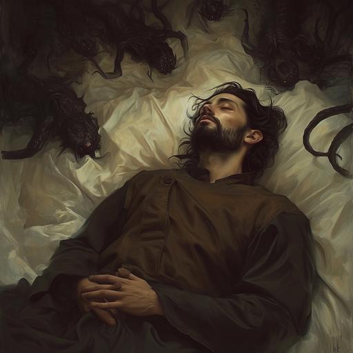 painting by Peter Mohrbacher , young priest man with a dark brown nightgown and black hairs and beard - Lying in bed, He has a nightmare populated by black and misshapen creatures - dark lighting scene - secret and gothic atmosphere, mist - Mystic lighting - oil painting, digital painting, fantasy with insane details dawn color graded using pencil, dreamy, SUBDUED. dynamic contrast, moody, exquisite detail, hdr, deep shadows, 16k, --v 6.0