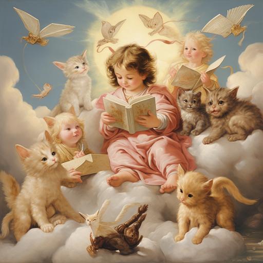 painting in the style of Renaissance where in the center of painting little angels are reading a book while lying on the clouds and three cats with angel wings are surrounding them, on the bottom right of the picture one kitten with angel wings is playing with the cloud which is in the form of a mouse, on the left top of painting another kitten with angel wings is flying, the background is in pastel blue pink and purple colors
