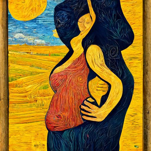 painting in the style of Vincent Van Gogh, image with three meanings, animals, pregnant woman, family, house, natural light, 4k,