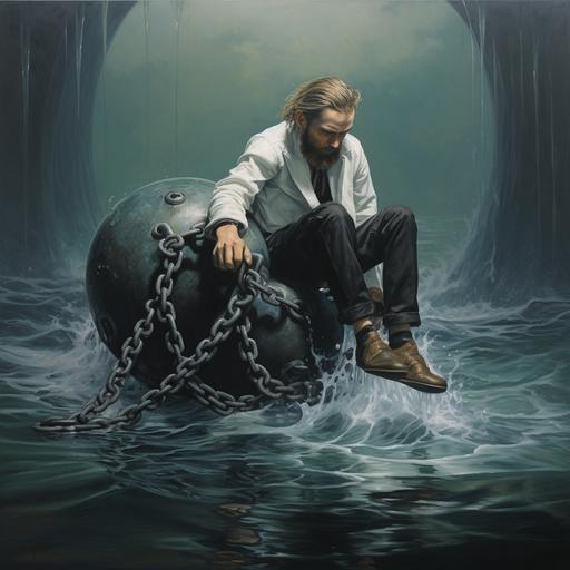 painting, man sinking into ocean with ball and chain on his ankle