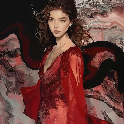 painting of Barbara Palvin model wearing rich wine red and light pink silks and fabric high fashion gown, ethereal and hopeful, illustrative, vantablack and ivory, surreal, abstract, watercolour and oil paint, full body illustration by Genevieve Leavold, Victo Ngai, James Jean, Tom Bagshaw
