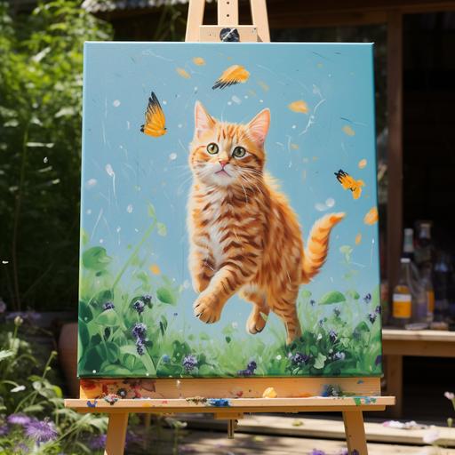 painting of a cheeky orange cat called Oyen, calico cat who loves to read named Hana and Kiki calico on a 2x2 feet canvas on a wooden easel with a nature background in running happily chasing butterfly for a children’s book. Hyper realism