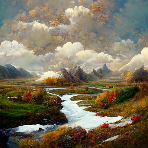 painting of a mountains scene with a stream, fantasy art, an expansive grassy plain, panoramic anamorphic, lie on white clouds fairyland, tundra, simple detail. autumn colours, art of aaron hain