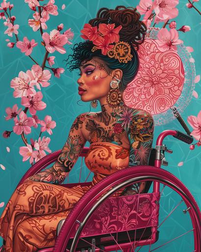 painting of a tattooed bipoc woman in a fancy wheelchair, pink with cherry blossoms on her head, in the style of crisp neo-pop illustrations, dark cyan and, cerise, pink, and orange, otherworldly paintings, lowbrow character, somber mood, realistic depictions, serene face, dendrobium and Sakura tattoos --ar 4:5 --v 6.0