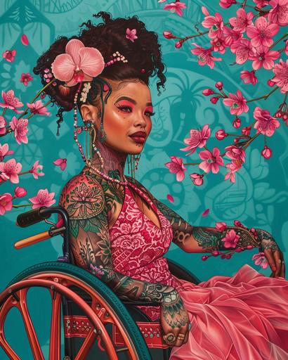 painting of a tattooed bipoc woman in a fancy wheelchair, pink with cherry blossoms on her head, in the style of crisp neo-pop illustrations, dark cyan and, cerise, pink, and orange, otherworldly paintings, lowbrow character, somber mood, realistic depictions, serene face, dendrobium and Sakura tattoos --ar 4:5 --v 6.0