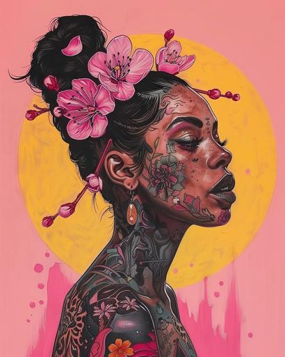 painting of a tattooed black woman with dark skin in pink with cherry blossoms on her head, in the style of crisp neo-pop illustrations, dark cyan and, cerise, pink, and orange, otherworldly paintings, lowbrow character, somber mood, realistic depictions, serene face, dendrobium and Sakura tattoos --ar 4:5 --v 6.0