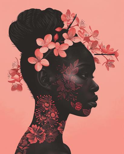 painting of a tattooed black woman with dark skin in pink with cherry blossoms on her head, in the style of crisp neo-pop illustrations, dark cyan and, cerise, pink, and orange, otherworldly paintings, lowbrow character, somber mood, realistic depictions, serene face, dendrobium and Sakura tattoos --ar 4:5 --v 6.0