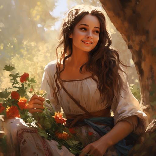 painting of a young tan girl with freckles and brown hair. She wears a European peasant dress from a medieval era. She smiles and gathers flowers in a sunny forest.