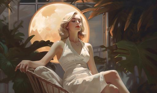 painting of alluring white suspender girl, wearing a fake moustache, sitting in the middle of solarium, moonlight, god rays --ar 5:3 --q 2