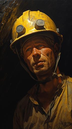 painting of an old medieval miner, a golden helmet, light on his helmet, cave, pickaxe, 1970's surrealist dark fantasy art style, book cover art, realist: lifelike accuracy, volumetric lighting, --ar 9:16 --style raw