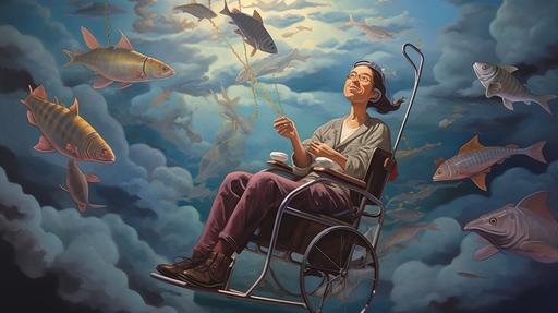 painting of cartoon in wheelchair floating in sky fishing, casting net, clouds, stars, surreal, --ar 16:9