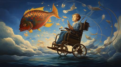 painting of cartoon in wheelchair floating in sky fishing, casting net, clouds, stars, surreal, --ar 16:9