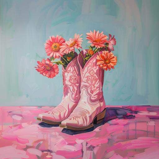 painting of pale pink cowgirl boots with flowers inside coming out of the boots, pale bright