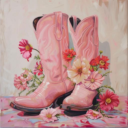 painting of pale pink cowgirl boots with flowers inside coming out of the boots, pale bright