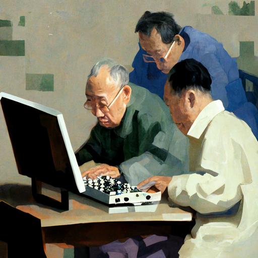 painting of people playing chess on a computer, style liu xiaodong --q 2