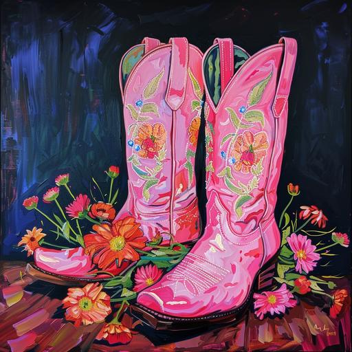 painting of pink cowgirl boots with flowers inside coming out of the boots