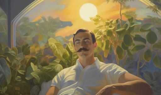 painting of supermodel wearing a fake moustache in the middle of solarium, moonlight, god rays --ar 5:3 --q 2
