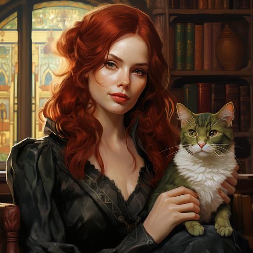 painting portrait of a red headed Katie Holmes as a d&d warlock with the nature patron. wearing an expensive green victorian era blouse. wearing circle shaped golden earrings. has a black cat. she is smirking as if she is better than everyone else. background is a medieval library