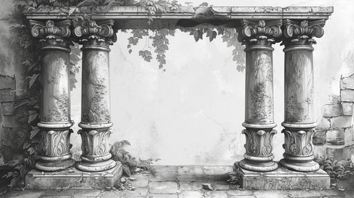painting style; drawing; line drawing; abstract; frame; ornamental stone frame monochrome; painting; line drawing; mediteranean vibe; stone colums; leaf ornamentation, statue; 8k --ar 16:9 --v 6.0 --style raw --s 250