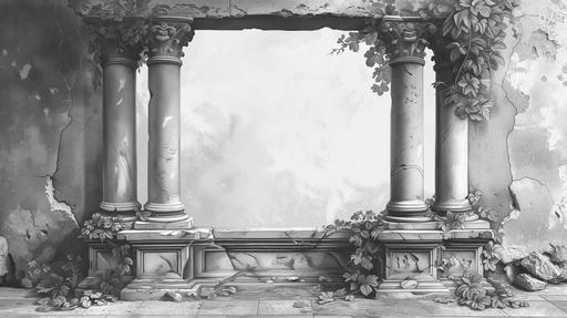 painting style; drawing; line drawing; abstract; frame; ornamental stone frame monochrome; painting; line drawing; mediteranean vibe; stone colums; leaf ornamentation, statue; 8k --ar 16:9 --v 6.0 --style raw --s 250