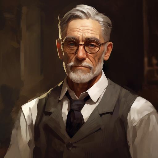 painting style, little detail. Fantasy. Portrait of an older man with round glasses and white thin goatee. His hair is white. He wears a white collar shirt and brown vest. He looks tired and cynical.