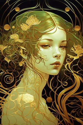 painting with gold leaf, young woman swimming among gold filigree jellyfish, gentle smile, vivid colors, green eyes, curious gaze, reflective gold, dramatic clean lines, by gustav klimt, audrey kawasaki, alphonse mucha --q 2 --ar 2:3