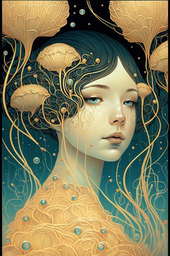 painting with gold leaf, young woman swimming among gold filigree jellyfish, gentle smile, vivid colors, curious gaze, dramatic clean lines, by gustav klimt, audrey kawasaki, alphonse mucha --q 2 --ar 2:3