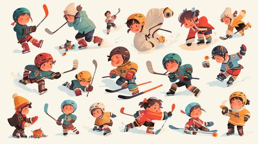20 stickers of 2d cartoon hockey players skating on a white background --ar 16:9 --s 250 --niji 6