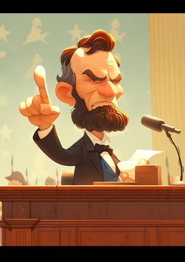 2d cartoon character abraham lincoln giving a speech, funny, wacky, short body type, big head, full body, color pencil texture, the background should be gettysburg west virgina during the civil war --ar 5:7 --s 250 --niji 6